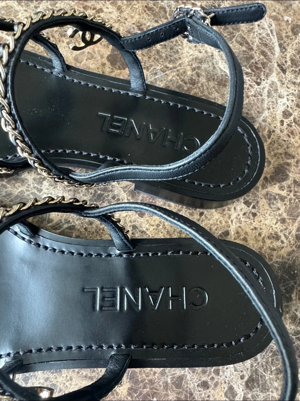 Chanel black leather gold chain sandals flats charms sz 38